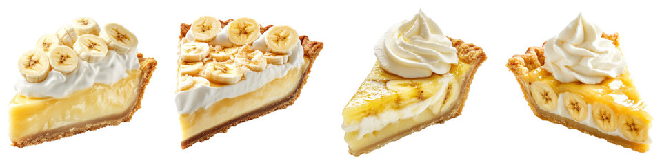 Banana pie slice with whipped cream isolated on transparent background ,PNG, set of