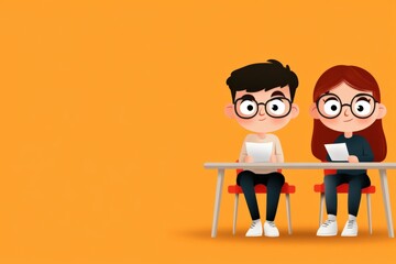 two cartoon students sitting at desk