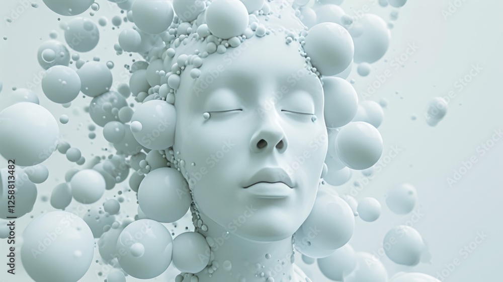 Aufkleber a captivating abstract 3d render of a serene face surrounded by floating spheres in soft tones, evok