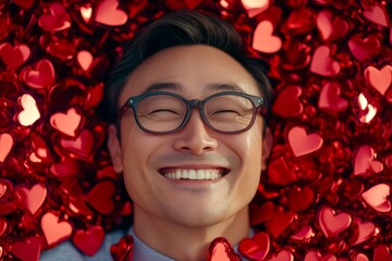 Valentine's day greeting from man or for man: impressive dazzling, image of loving asian midlife man. Commercial ad campaign concept design idea design. Love confession. Love lifestyle.