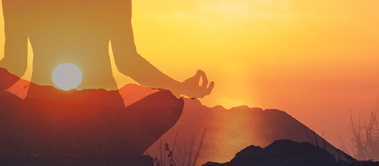 Woman in yoga pose, zen, calming, quiet meditation at sunset.	