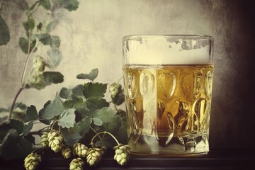 A classic glass of beer is showcased next to fresh hops, creating a nostalgic atmosphere reminiscent of vintage brewing advertisements that celebrate craftsmanship and tradition