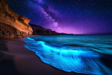 Fototapeta premium Magical Bioluminescent Waves Under Bright Blue Night Sky