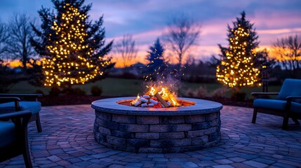 Magical Evening with Friends by a Firepit Under a Glowing Sky