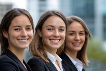 three smiling businesswomen in front of office building
