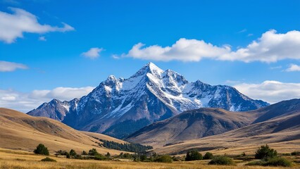 Golden pastures under the snowy mountains