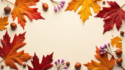 Fototapeta premium Autumnal Frame Featuring Vibrant Maple Leaves and Delicate Purple Flowers with Fall Accents