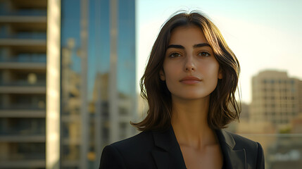 A model in a formal blazer, standing against a city backdrop with ample space on the left for promotional copy