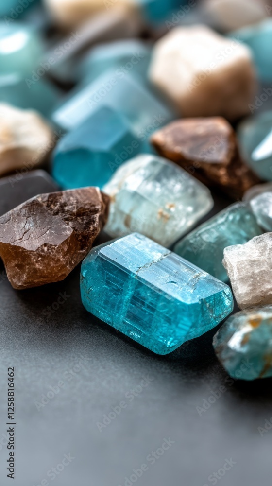 Poster apatite and assorted gemstones displayed on a dark surface highlighting their unique colors and text