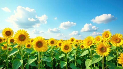 Fototapeta premium Vibrant Sunflowers Basking in a Summer Sky, a Serene Field of Golden Blooms Under a Canopy of Fluffy White Clouds