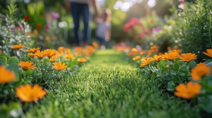 Bright yellow flowers line a lush green garden path on a sunny afternoon