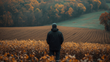 Fototapeta premium Farmer observing changing seasons in a soybean field at twilight