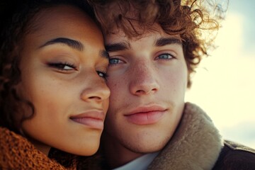 Obraz premium Commercial promotion conceptual art. Valentine's day, soulmatescouple: breathtaking bold image of loving mixed-race young couple. Sign of love and affection. Passionate kiss. Engagement love.