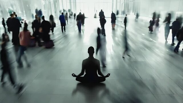 A person sits in a cross legged position meditating while surrounded by the hustle of a bustling urban space filled with people