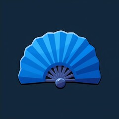 An detailed image of a blue fan with geometric patterns. The background is a dark gray color, adding depth and contrast.