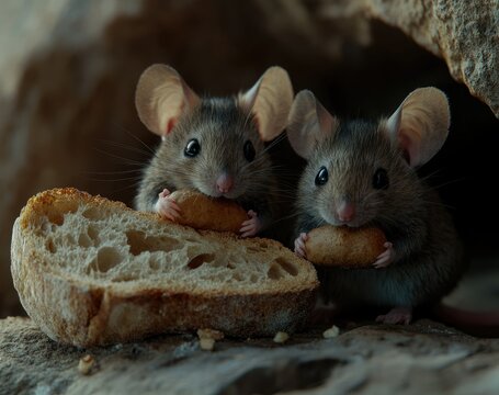 Mice eating bread and peanuts in cave