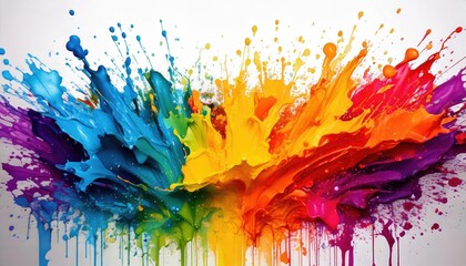 Fototapeta premium Vibrant Paint Splash - An artistic splash of rainbow colors dripping down a white backdrop, perfect for dynamic and creative visuals.