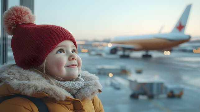 Little girl gazing out at an airplane from an airport window, dreaming of faraway destinations and exciting adventures.