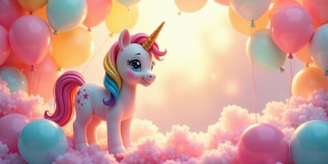Fototapeta premium Whimsical Unicorn Amidst a Cloud of Pastel Balloons and Soft Cotton Candy Clouds