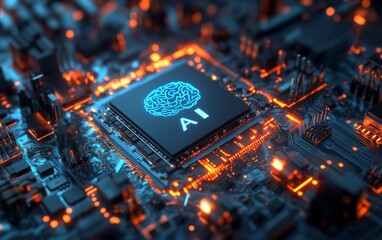 AI brain chip circuit board glowing technology future