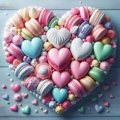 Macarons y merengues de colores pastel en forma de coraz&oacute;n, dispuestos en un encantador estilo franc&eacute;s	