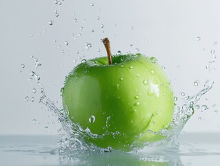 Fresh green apple splashing into crystal-clear water.