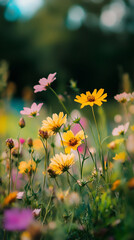 Obraz premium Field of flowers with a variety of colors including yellow, purple, and pink