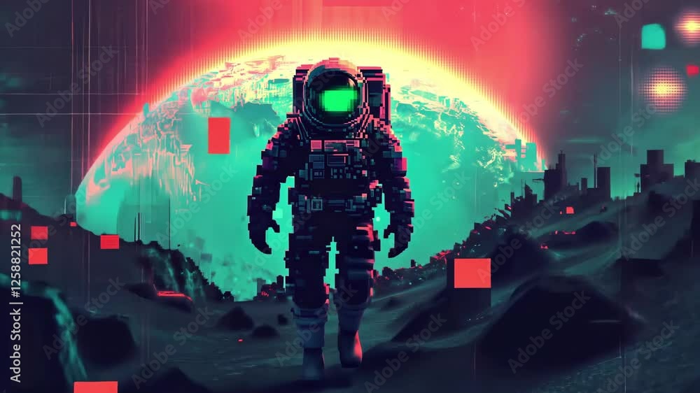Aufkleber a pixelated astronaut navigates a vividly colored alien world filled with abstract structures and gl