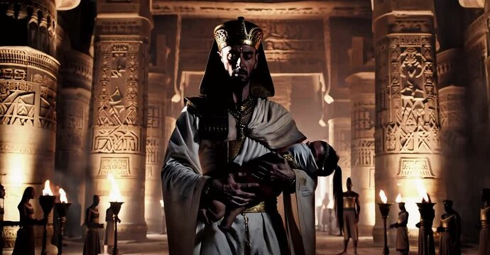 A regal Egyptian figure  possibly a pharaoh  holds a child in a temple setting  suggesting a scene of ceremony or devotion.
