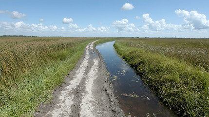 Fototapeta premium Rural dirt road beside canal, grassy marsh, sunny day, landscape photography