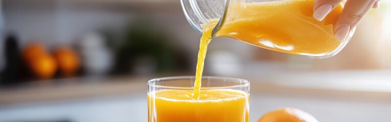 A woman pours freshly squeezed orange juice into a clear glass, surrounded by a bright kitchen atmosphere. Oranges rest nearby, emphasizing the healthy, refreshing drink