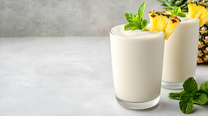 Creamy pineapple smoothie in glass, mint garnish, grey background