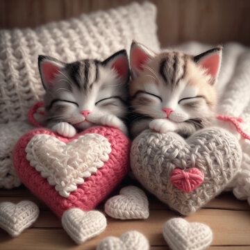 Dulzura en miniatura: dos peque&ntilde;os gatitos con cojines en forma de  coraz&oacute;n hechos a ganchillo