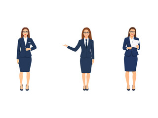 Obraz premium A Collection of Flat Illustration Businesswoman Doing Different Actions, Isolated on Transparent Background.