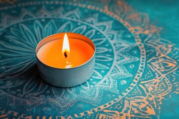 Burning candle on an intricately patterned blue textile background.
