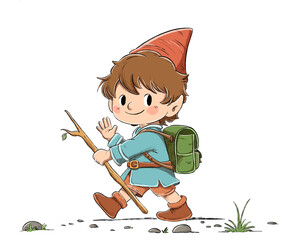 Un elfo adorable y juguet&oacute;n sonriendo y saludando mientras camina por un sendero con un palo y un sombrero