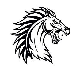 A high-contrast black and white vector illustration of a roaring horse's head,