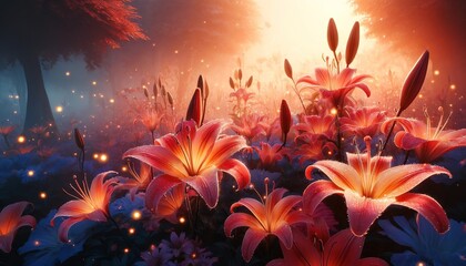 fairy tale fantasy garden with orange lilies at night in mystical light © Iryna