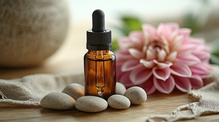 Fototapeta premium Amber bottle essential oil spa stones flower