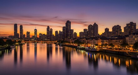 Fototapeta premium City Skyline Reflecting in River at Twilight with Vibrant Sky
