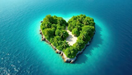 Heart-shaped island paradise, lush vegetation, turquoise water, beach, polynesia, pristine