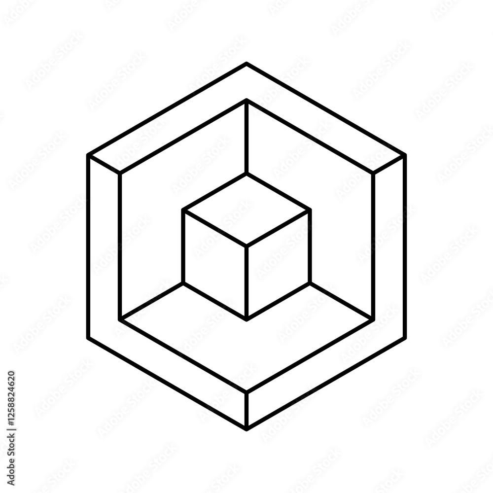 Poster minimalist geometric design featuring a cube within a hexagon. symbolic of structure, containment, o