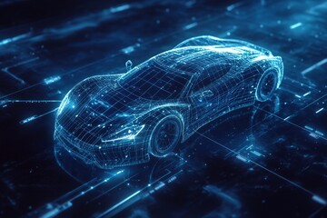 Futuristic car digital model on a technological background
