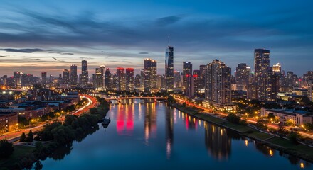 City Skyline Reflection on River at Dusk with Traffic Trails