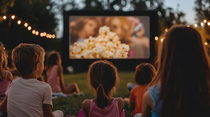 Kids enjoy a backyard movie night under string lights. The large screen displays popcorn, enhancing the cinematic experience for the young audience.