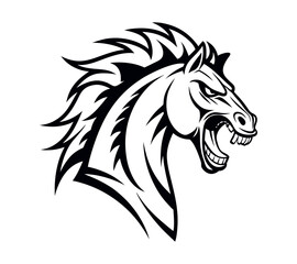 A high-contrast black and white vector illustration of a roaring horse's head,