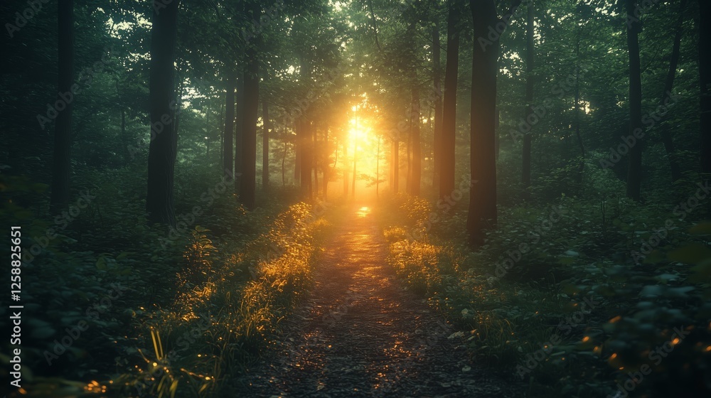 Poster sunlight filters through trees illuminating a forest path at golden hour