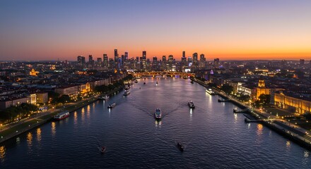 Fototapeta premium City Skyline and River at Dusk with Illuminated Buildings and Boats