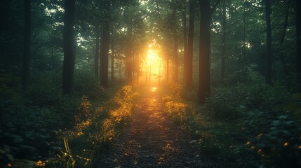 Naklejka premium Sunlight filters through trees illuminating a forest path at golden hour