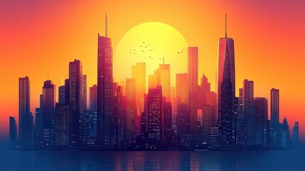 Fototapeta premium Vibrant Sunset Over Urban Skyline with Silhouetted Skyscrapers
